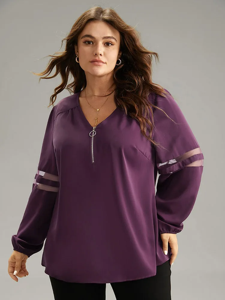 Static-Free Zipper Fly Mesh Patchwork Blouse sold by Bloomchic