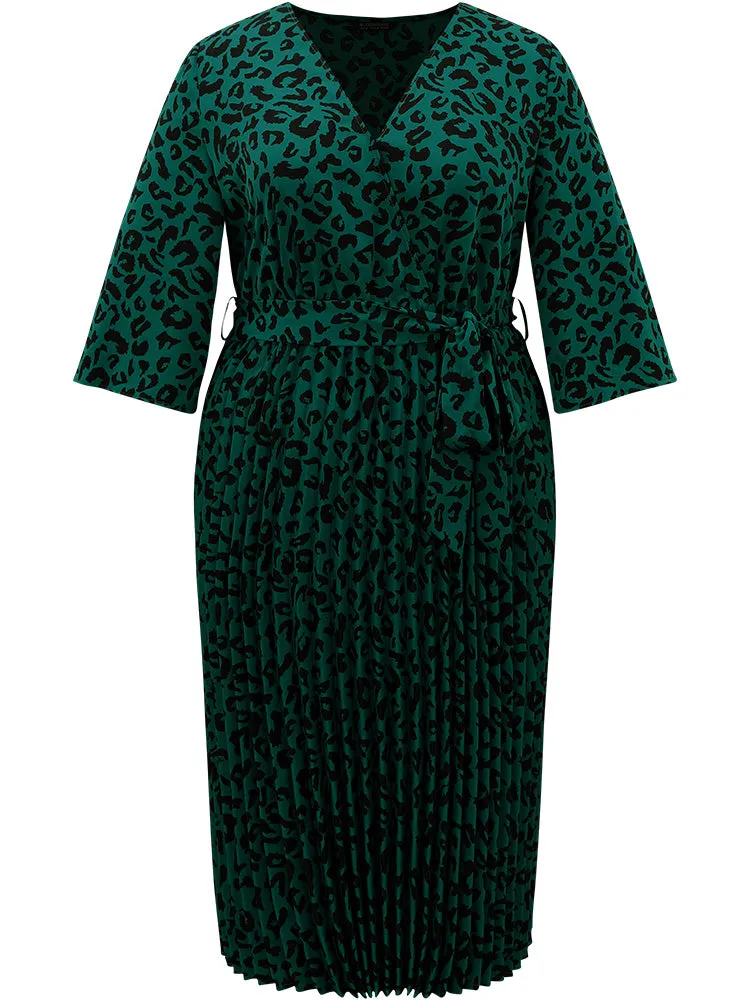 Leopard Wrap Elastic Waist Pleated Belted Dress sold by Bloomchic product image thumbnail 5