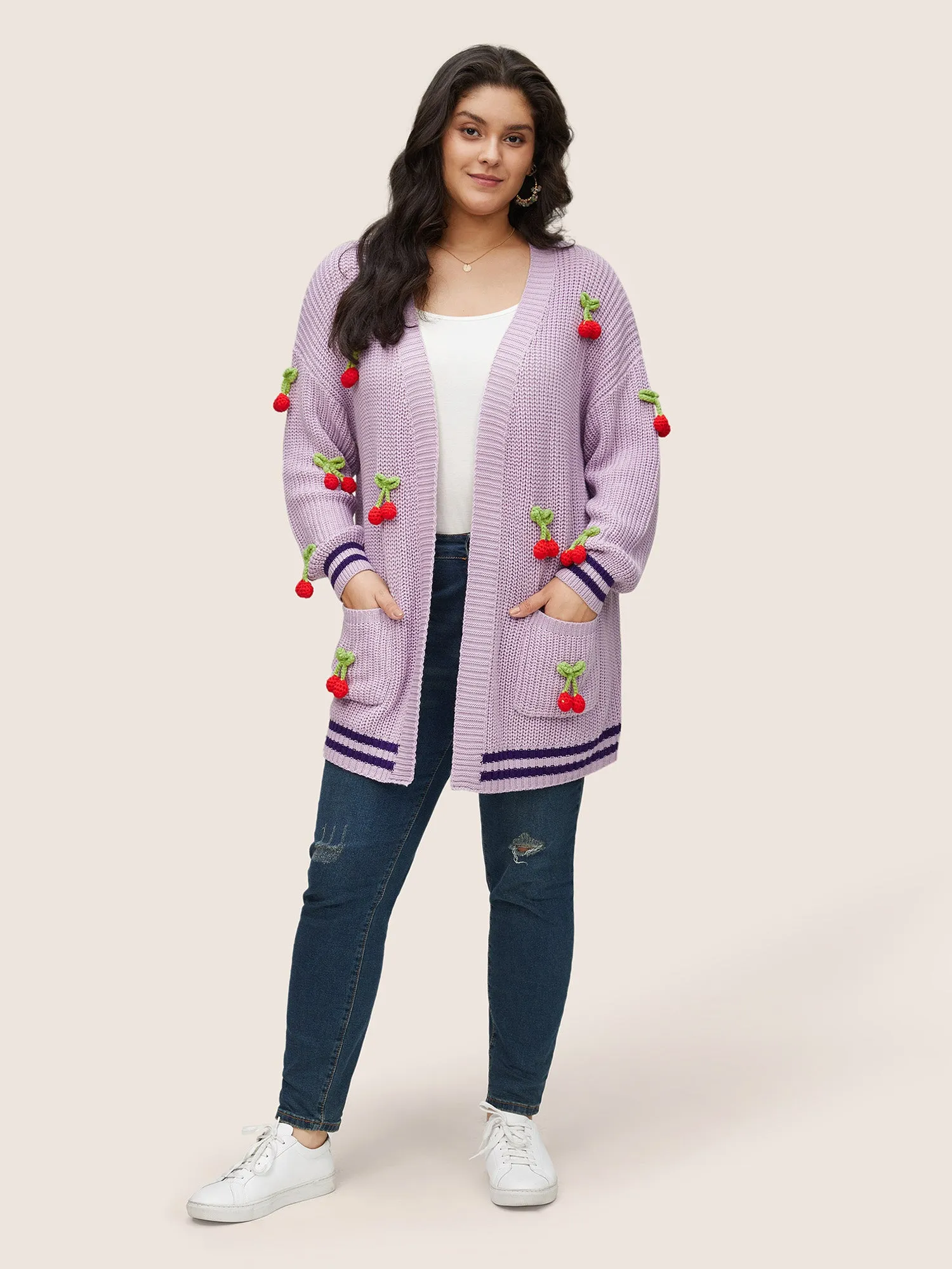 Stereo Cherry Design Striped Patchwork Cardigan sold by Bloomchic product image thumbnail 3