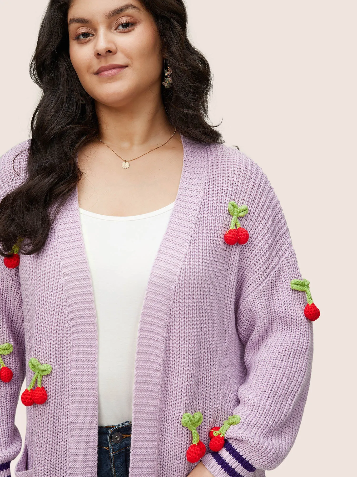 Stereo Cherry Design Striped Patchwork Cardigan sold by Bloomchic product image thumbnail 4