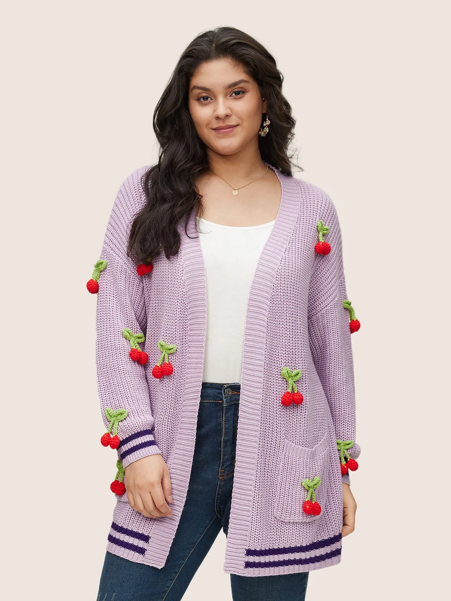 Stereo Cherry Design Striped Patchwork Cardigan sold by Bloomchic