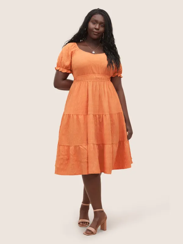 Plisse Flutter Patchwork Hem Lantern Sleeve Dress sold by Bloomchic