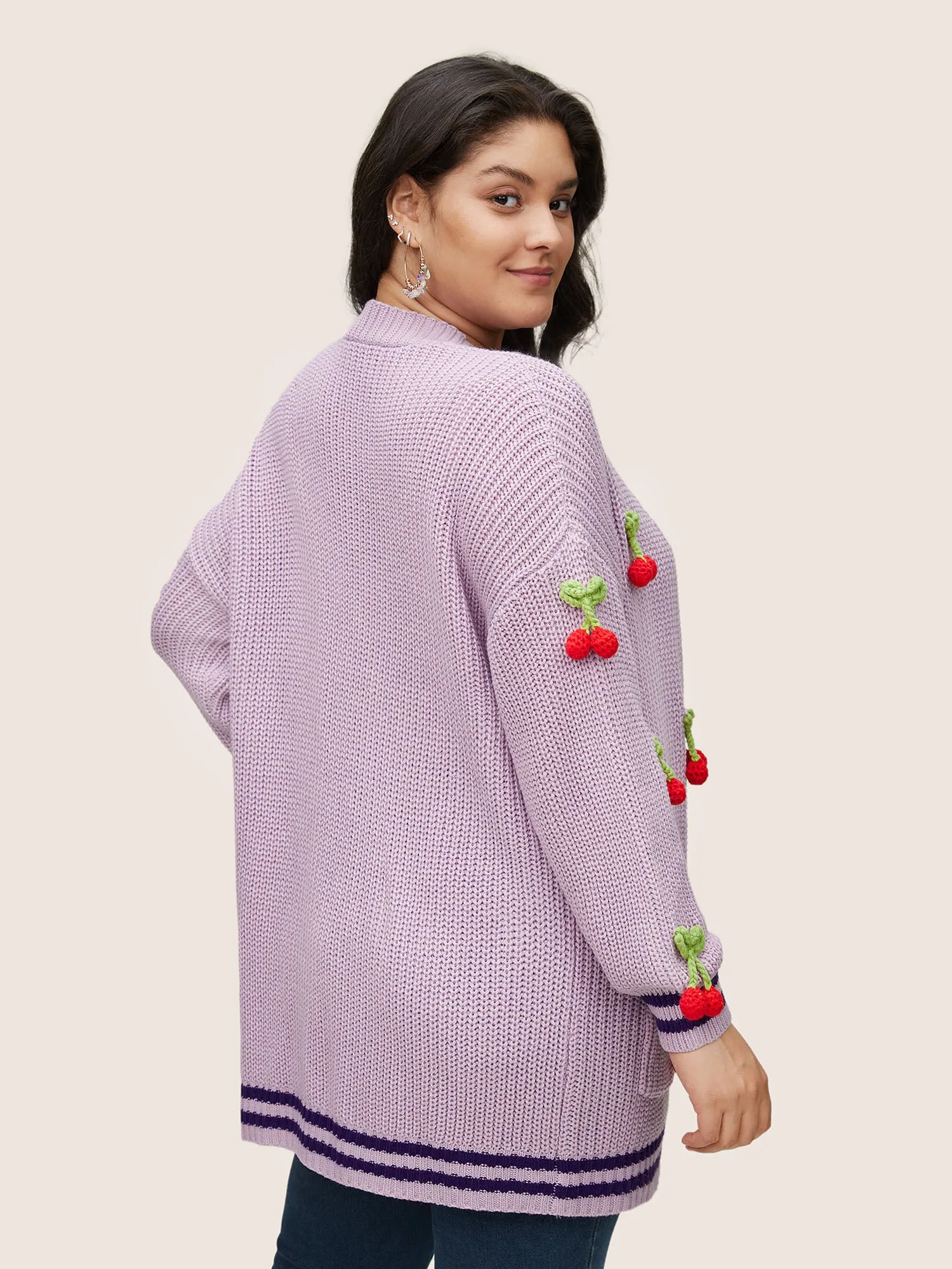 Stereo Cherry Design Striped Patchwork Cardigan sold by Bloomchic product image thumbnail 2