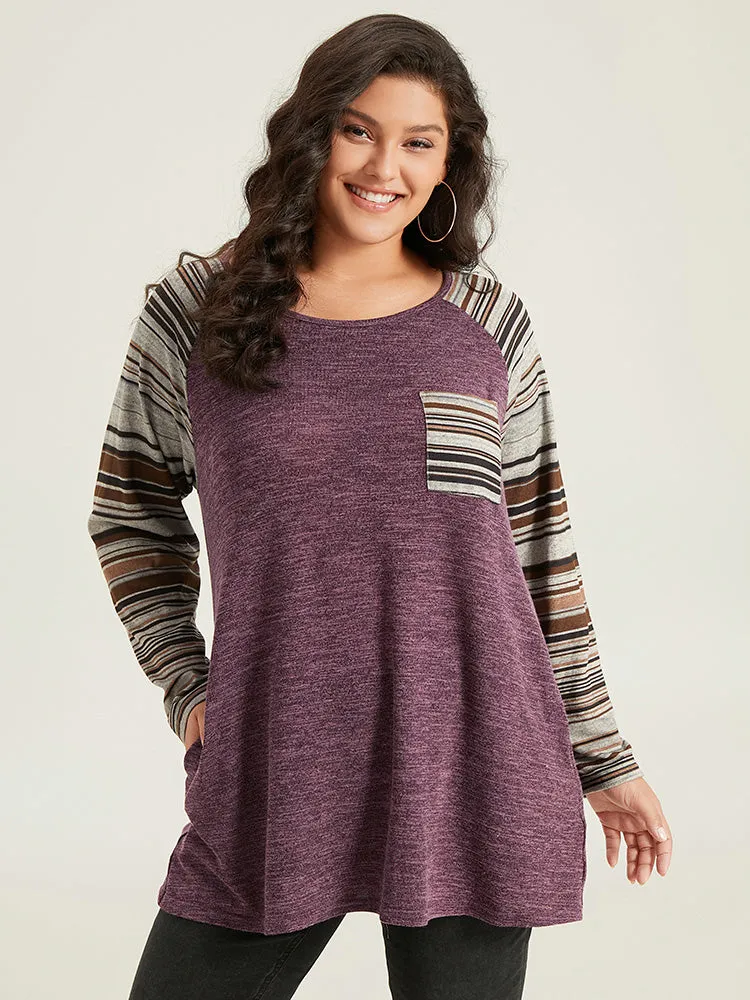 Striped Patchwork Pocket Raglan Sleeve T-shirt sold by Bloomchic