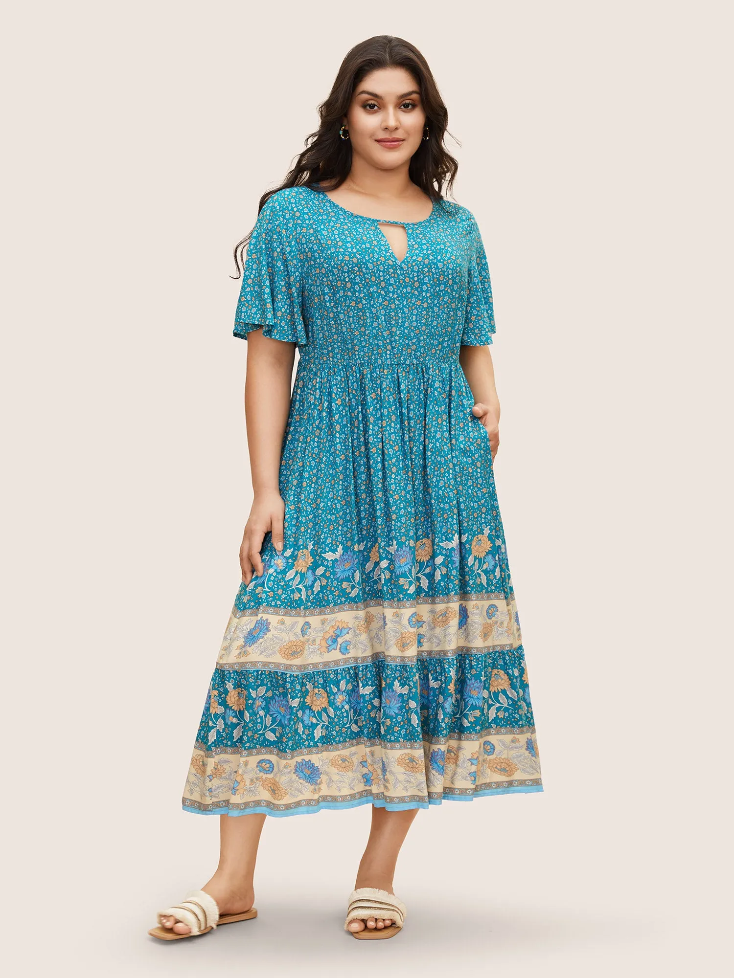 Bandana Keyhole Ruffle Sleeve Midi Dress sold by Bloomchic product image thumbnail 3