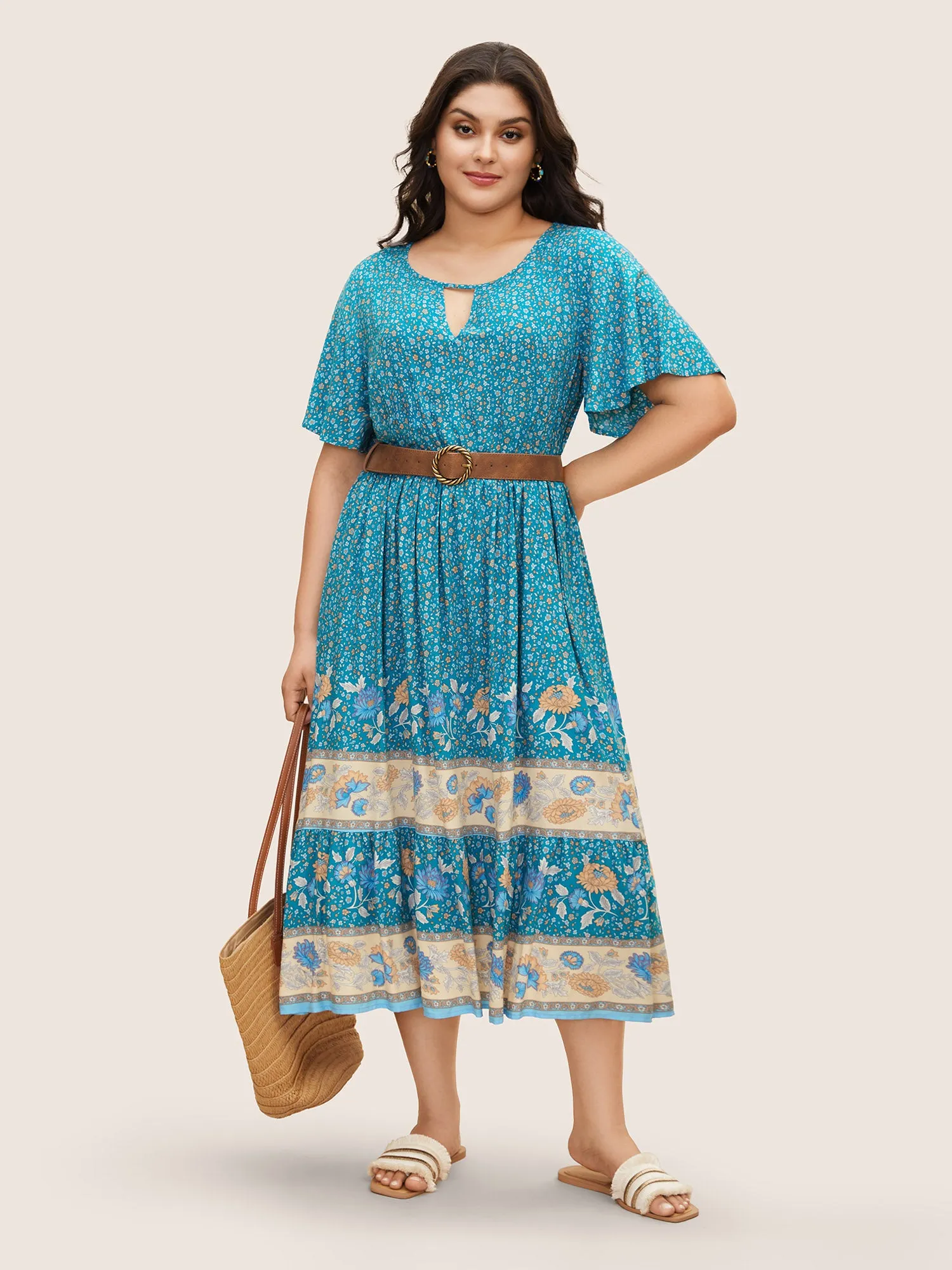 Bandana Keyhole Ruffle Sleeve Midi Dress sold by Bloomchic