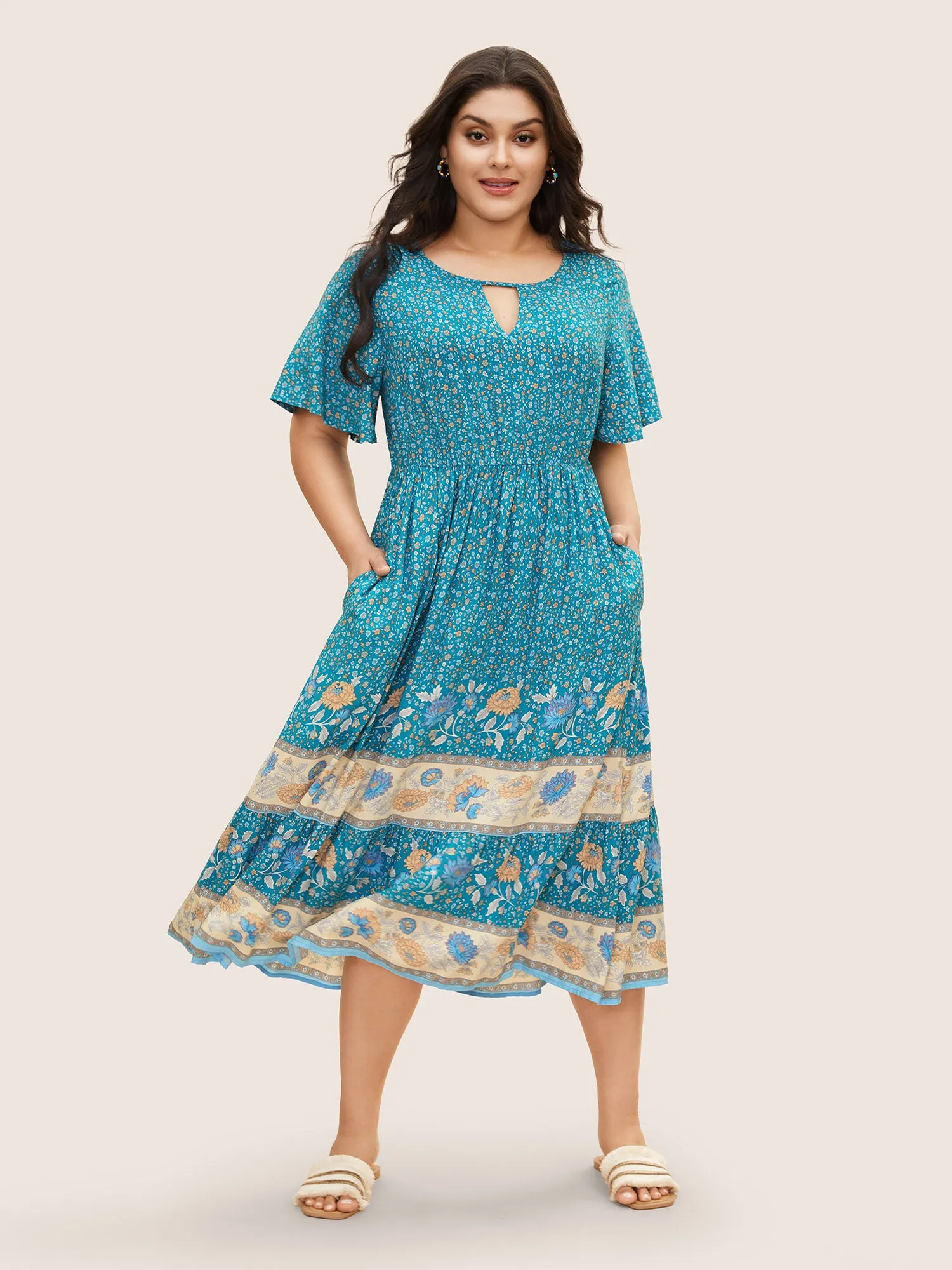 Bandana Keyhole Ruffle Sleeve Midi Dress sold by Bloomchic product image thumbnail 2