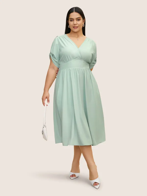 V Neck Plain Shirred Tab Sleeve Dress sold by Bloomchic