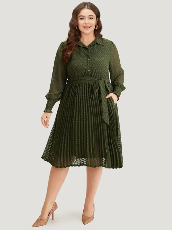 Shirred Belted Pocket Shirt Collar Button Through Dress sold by Bloomchic