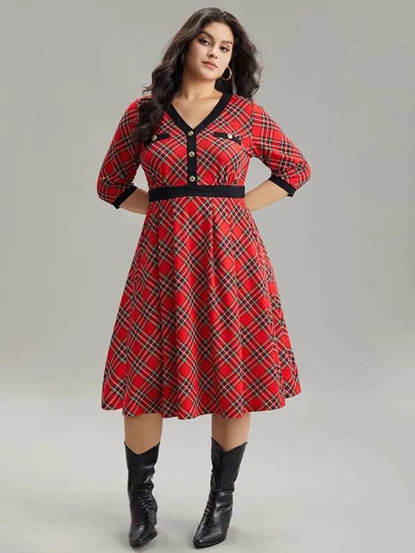 Plaid Contrast Trim Pocket Button Detail Dress sold by Bloomchic