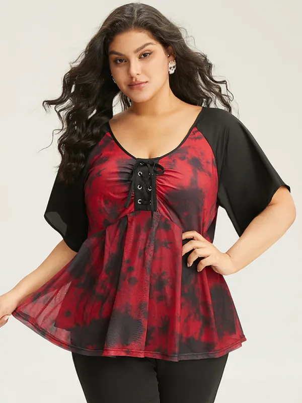 Halloween Tie Dye Lace Up Raglan Sleeve Knit Blouse sold by Bloomchic