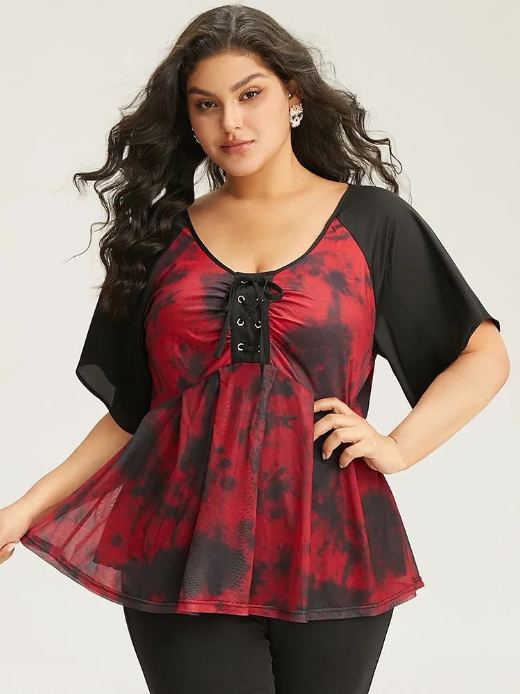 Halloween Tie Dye Lace Up Raglan Sleeve Knit Blouse sold by Bloomchic