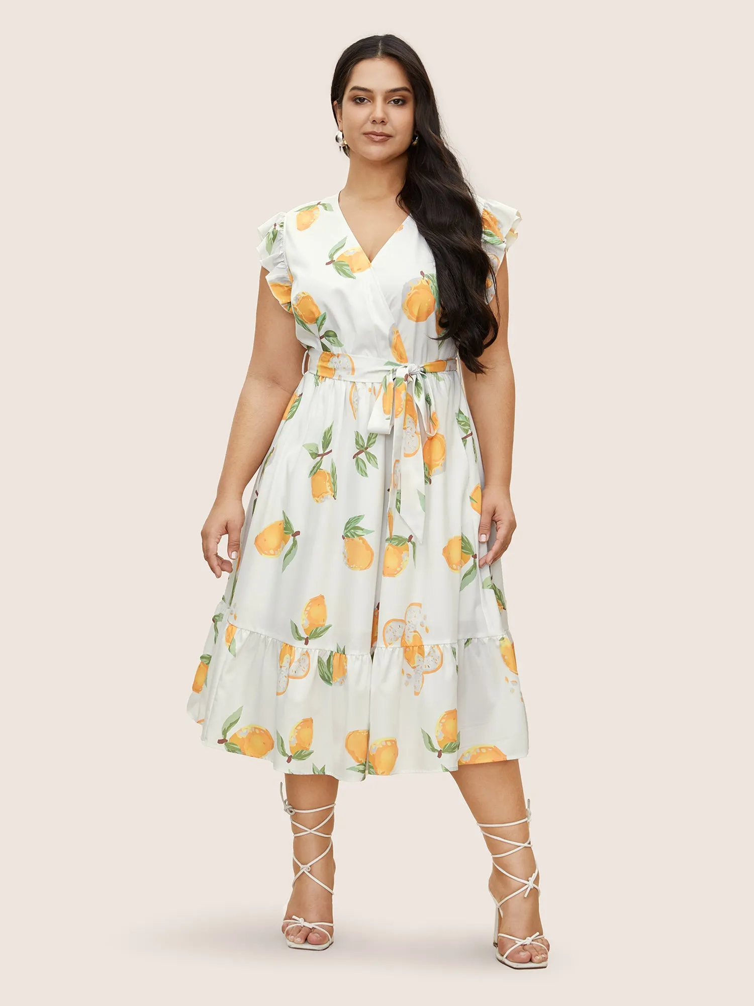 Citrus Lemon Print Ruffles Patchwork Belted Dress sold by Bloomchic product image thumbnail 3