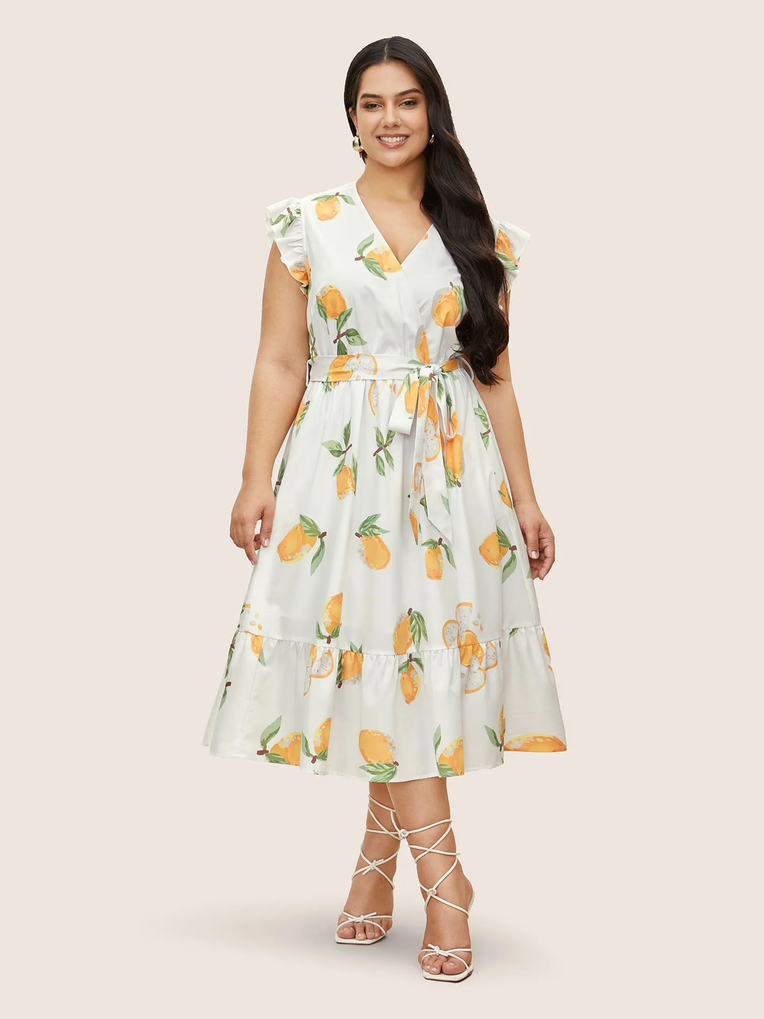 Citrus Lemon Print Ruffles Patchwork Belted Dress sold by Bloomchic