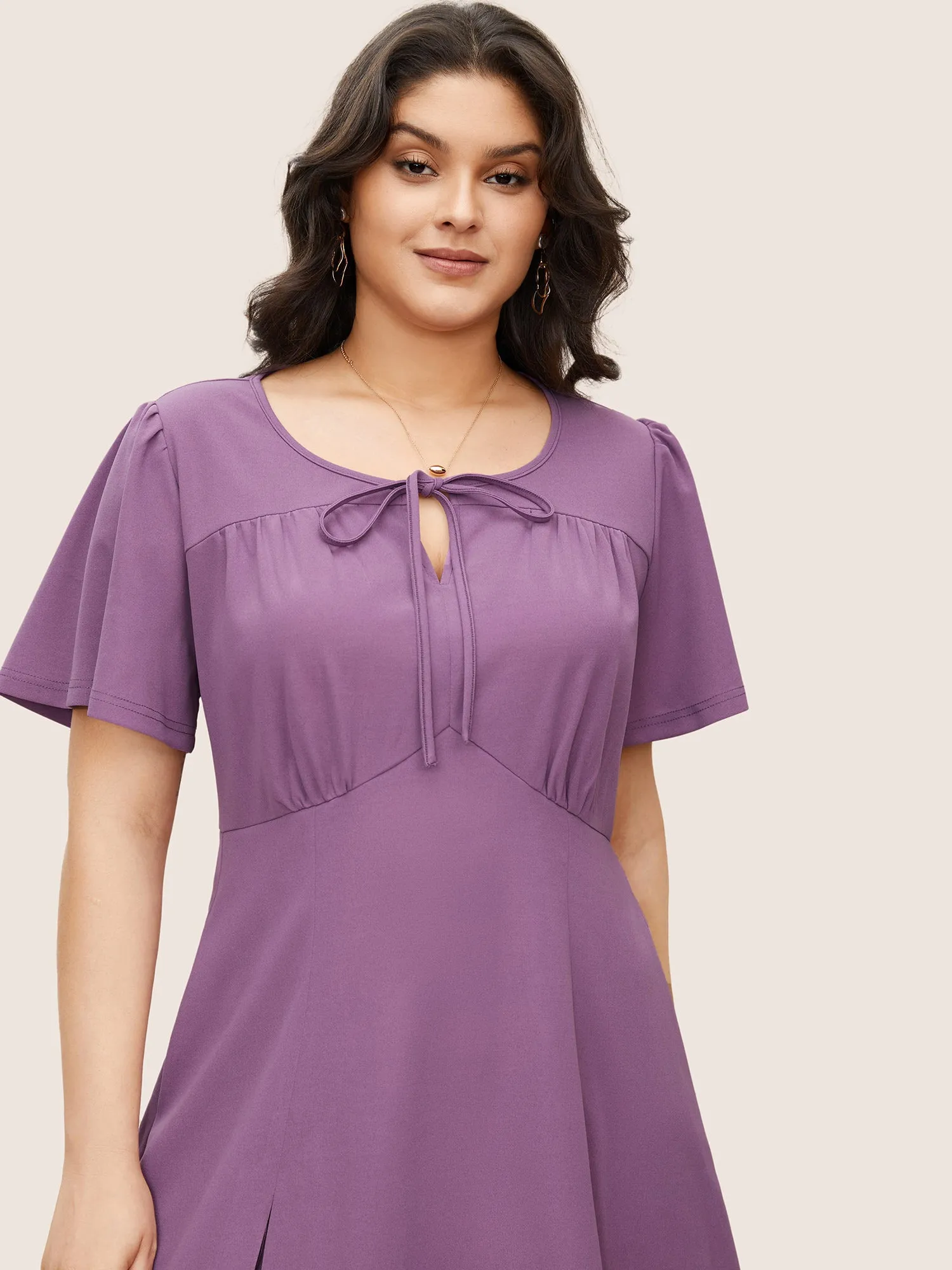 Solid Tie Knot Gathered Flutter Sleeve Dress sold by Bloomchic product image thumbnail 3