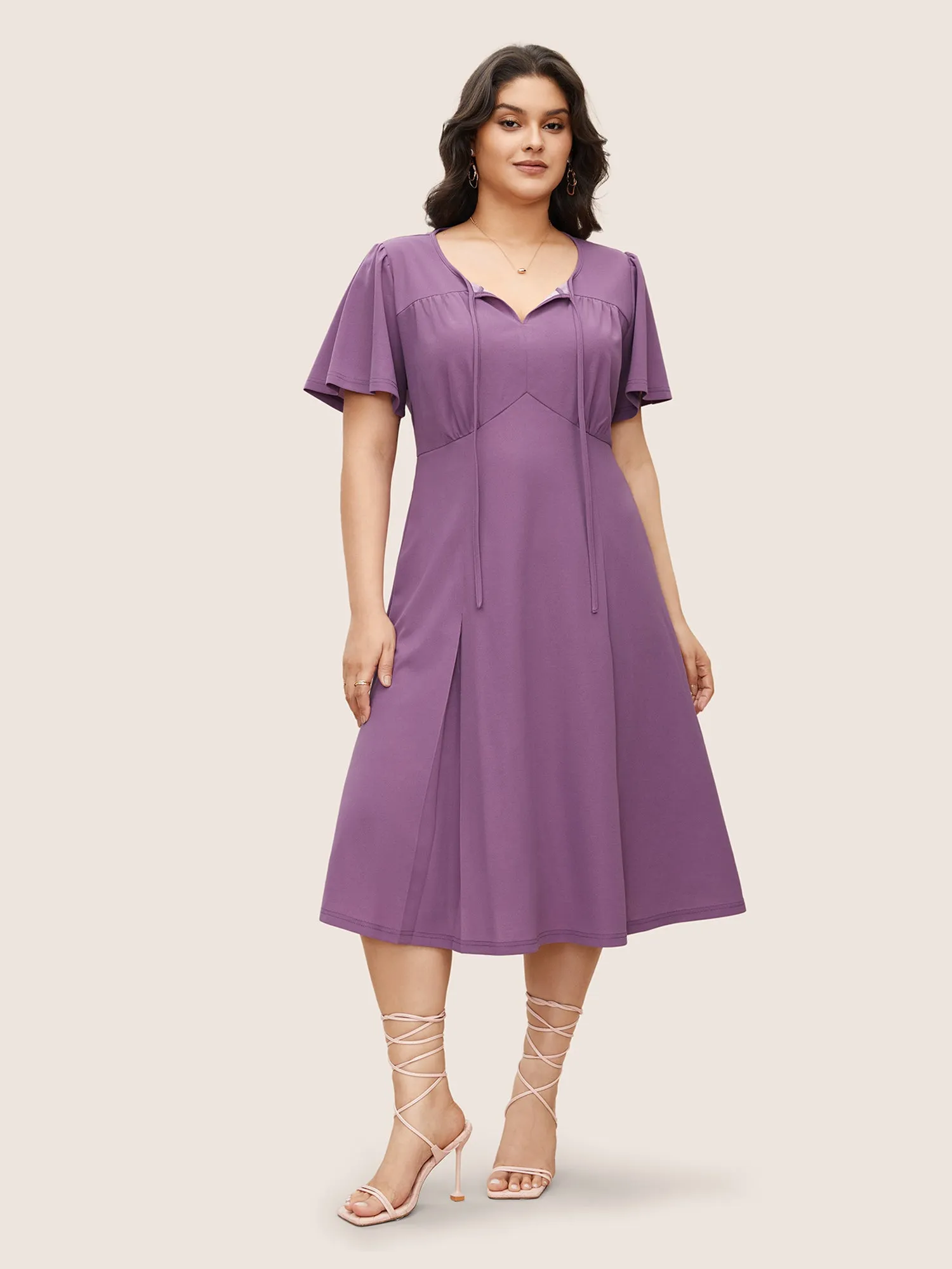 Solid Tie Knot Gathered Flutter Sleeve Dress sold by Bloomchic