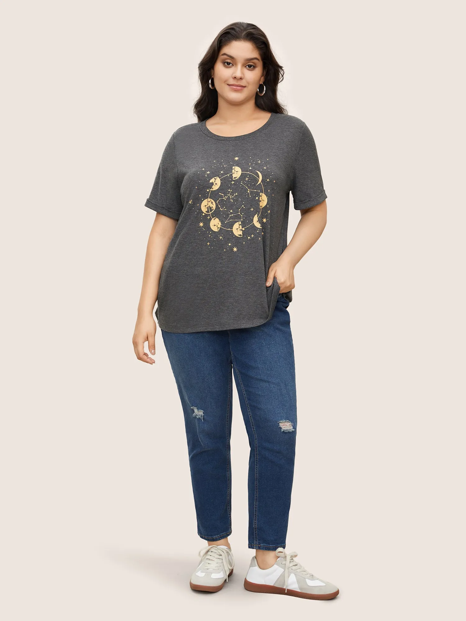 Moon & Star Print Cuffed Sleeve T-shirt sold by Bloomchic product image thumbnail 3