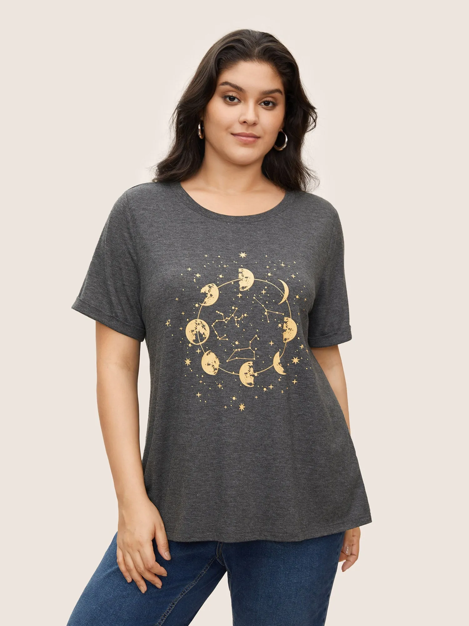 Moon & Star Print Cuffed Sleeve T-shirt sold by Bloomchic