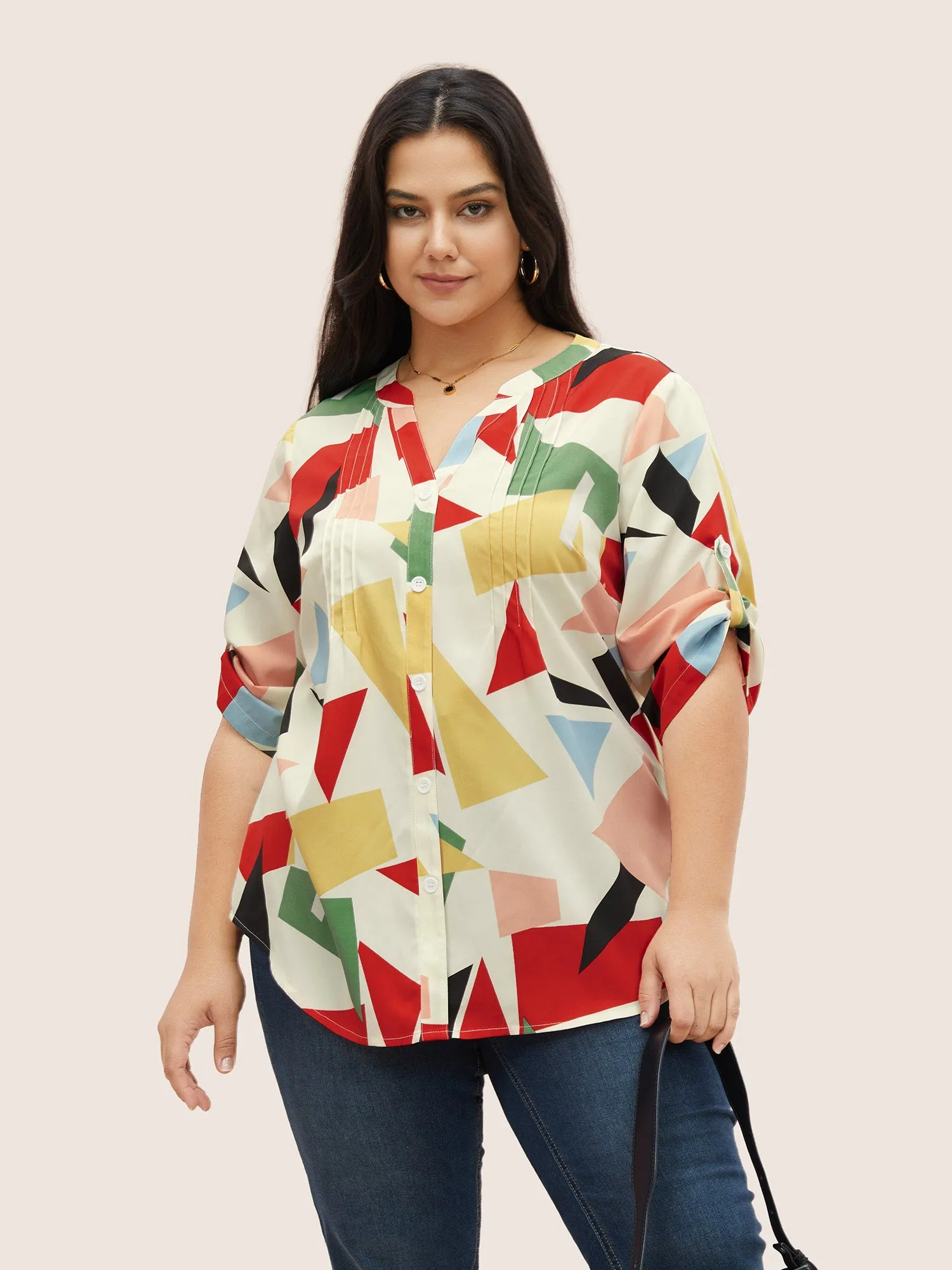 Geometric Notched Pleated Tab Sleeve Blouse sold by Bloomchic product image thumbnail 4