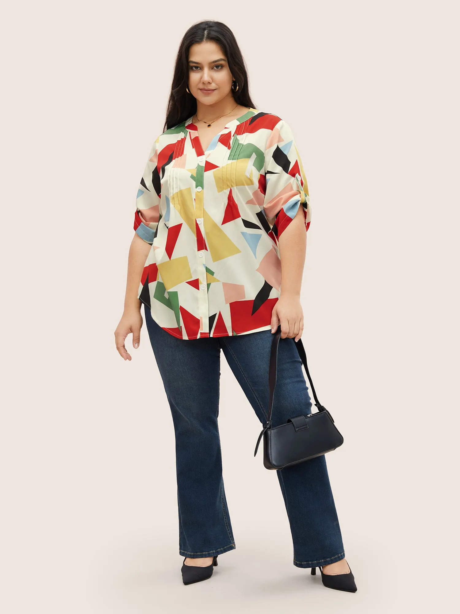 Geometric Notched Pleated Tab Sleeve Blouse sold by Bloomchic product image thumbnail 2