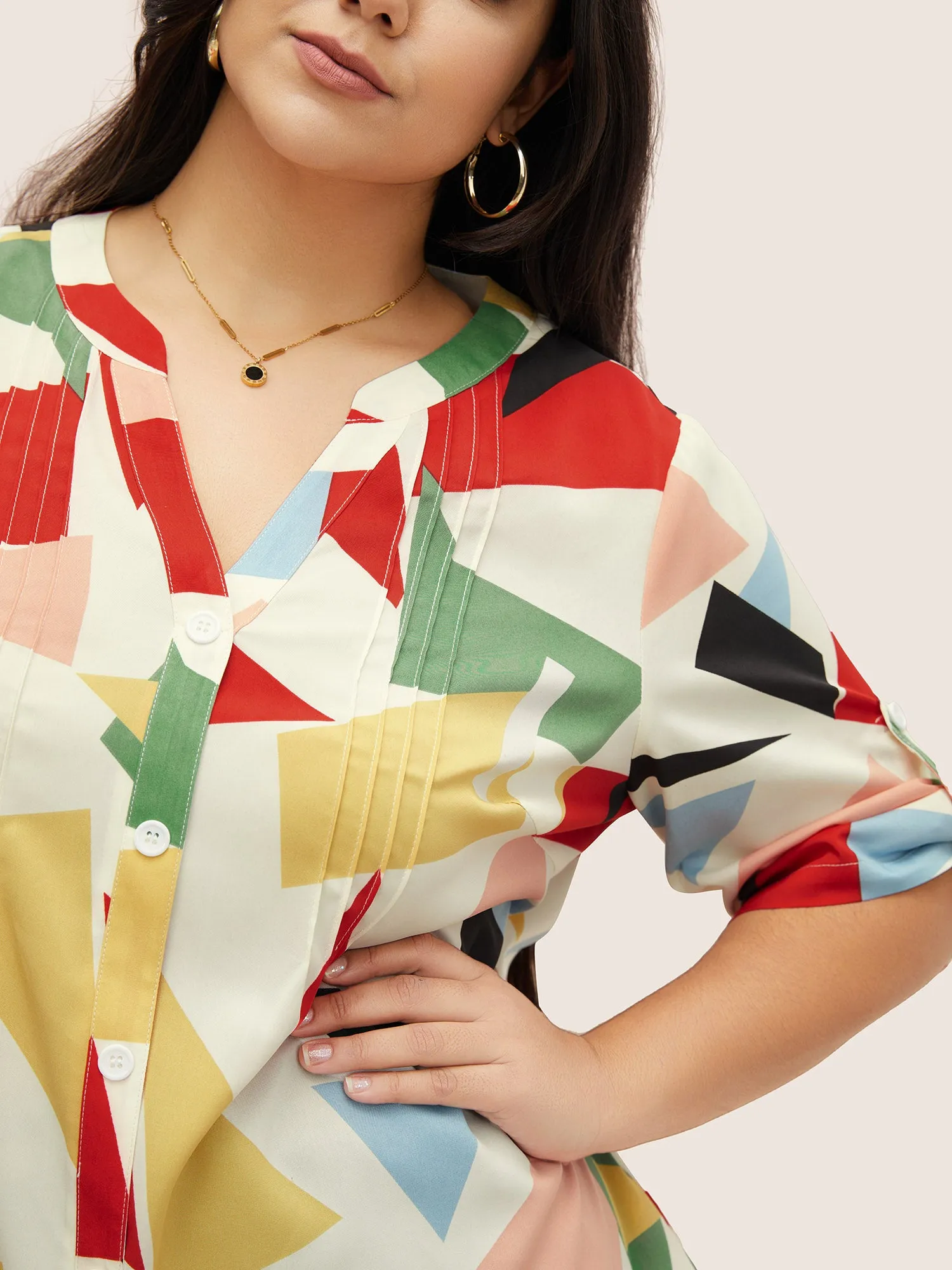 Geometric Notched Pleated Tab Sleeve Blouse sold by Bloomchic product image thumbnail 3