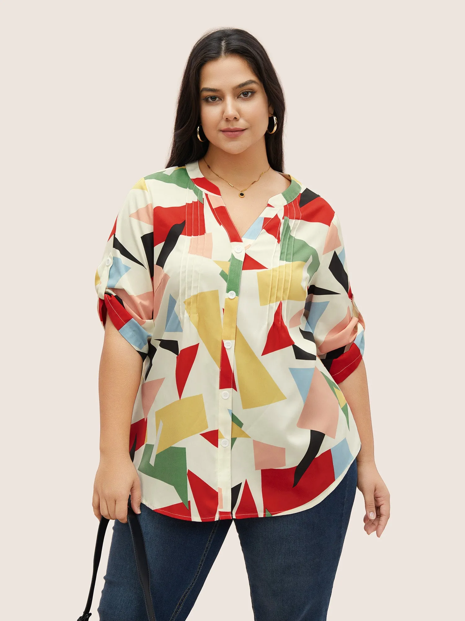 Geometric Notched Pleated Tab Sleeve Blouse sold by Bloomchic