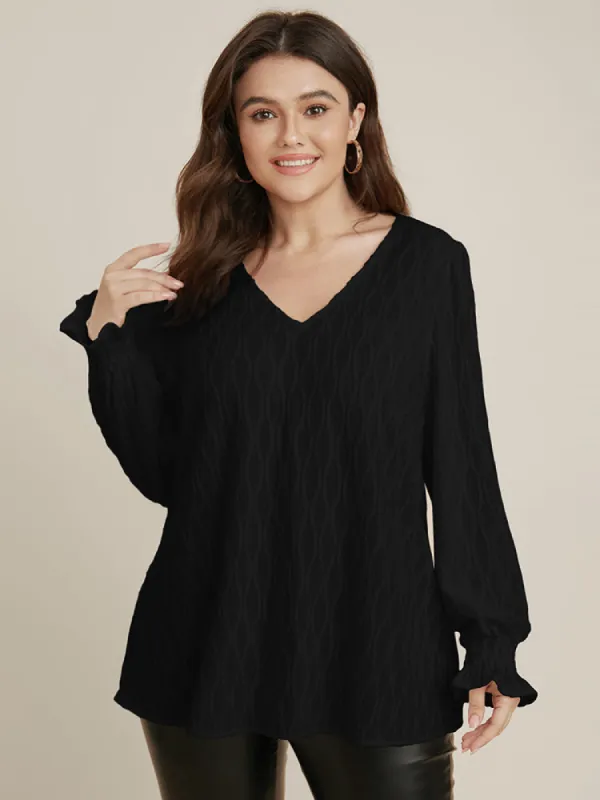 Solid Textured Shirred Lantern Sleeve Blouse sold by Bloomchic