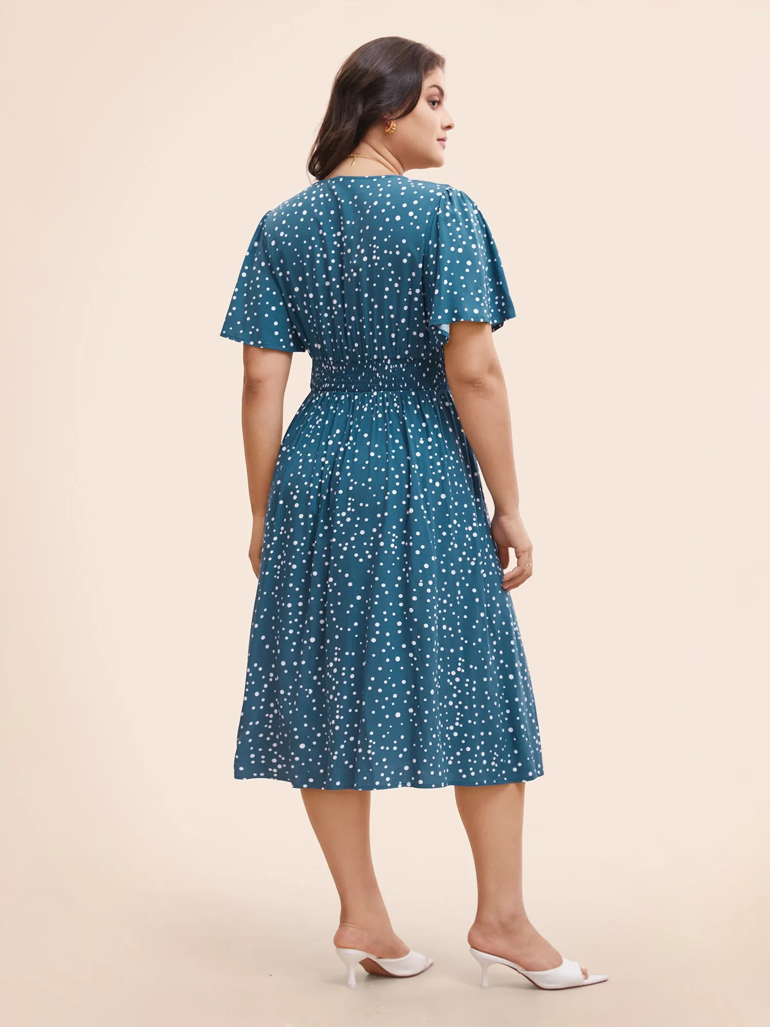 Polka Dot Wrap Pocket Shirred Ruffle Sleeve Dress sold by Bloomchic product image thumbnail 4