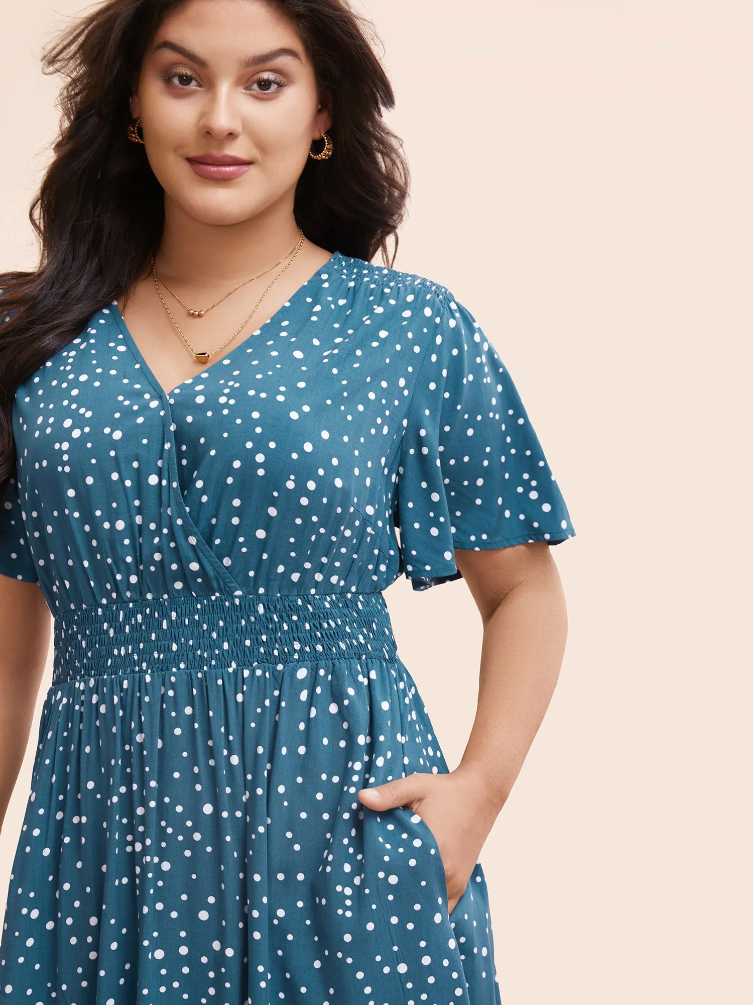 Polka Dot Wrap Pocket Shirred Ruffle Sleeve Dress sold by Bloomchic product image thumbnail 3