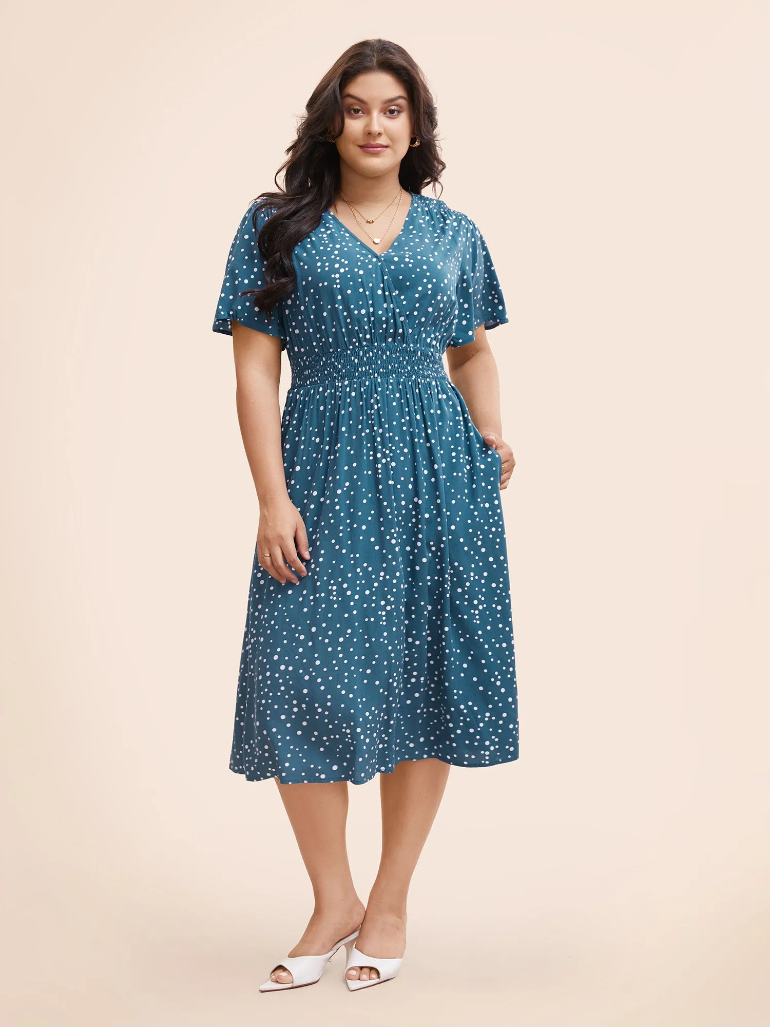 Polka Dot Wrap Pocket Shirred Ruffle Sleeve Dress sold by Bloomchic product image thumbnail 2