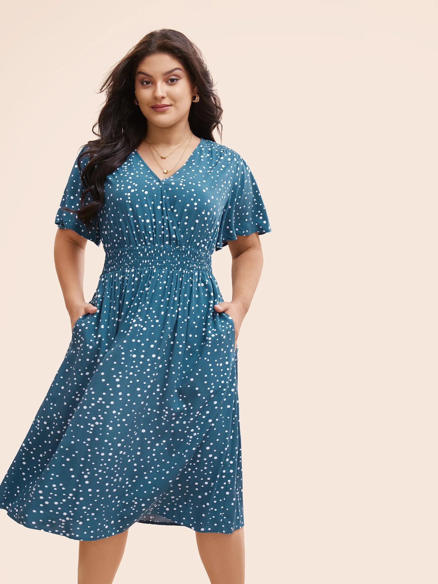 Polka Dot Wrap Pocket Shirred Ruffle Sleeve Dress sold by Bloomchic