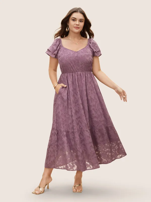 Heart Neckline Jacquard Tiered Ruffle Sleeve Dress sold by Bloomchic