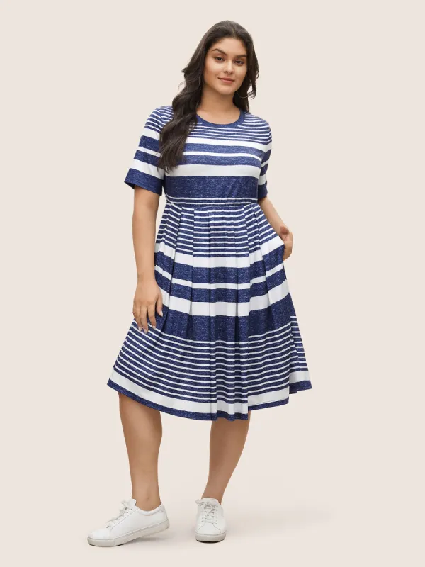 Striped Plicated Detail Pocket Elastic Waist Dress sold by Bloomchic