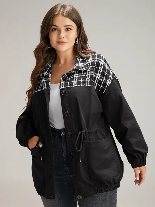 Plaid Patchwork Contrast Drawstring Button Up Jacket sold by Bloomchic