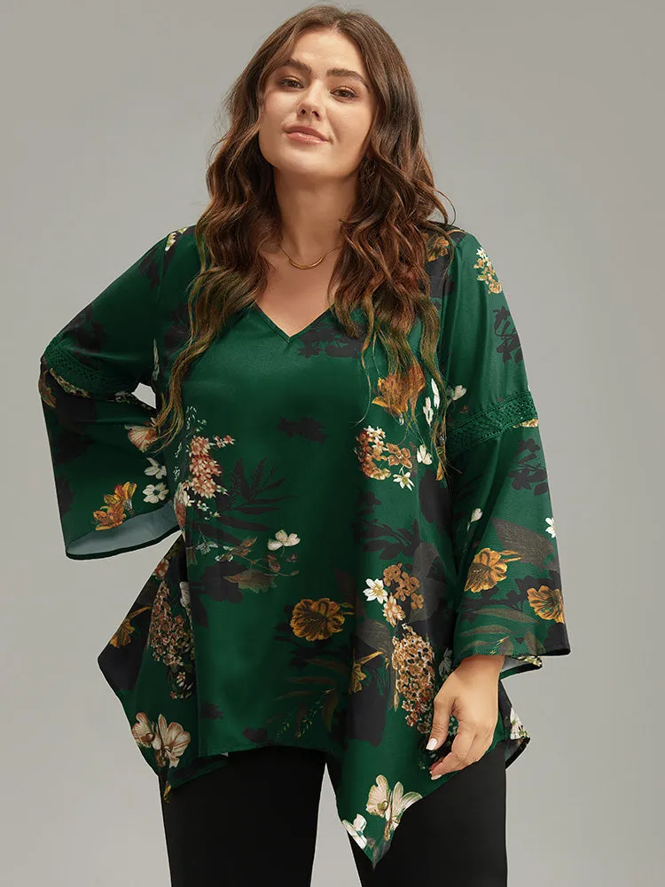 Floral Lace Panel V Neck Hanky Hem Blouse sold by Bloomchic