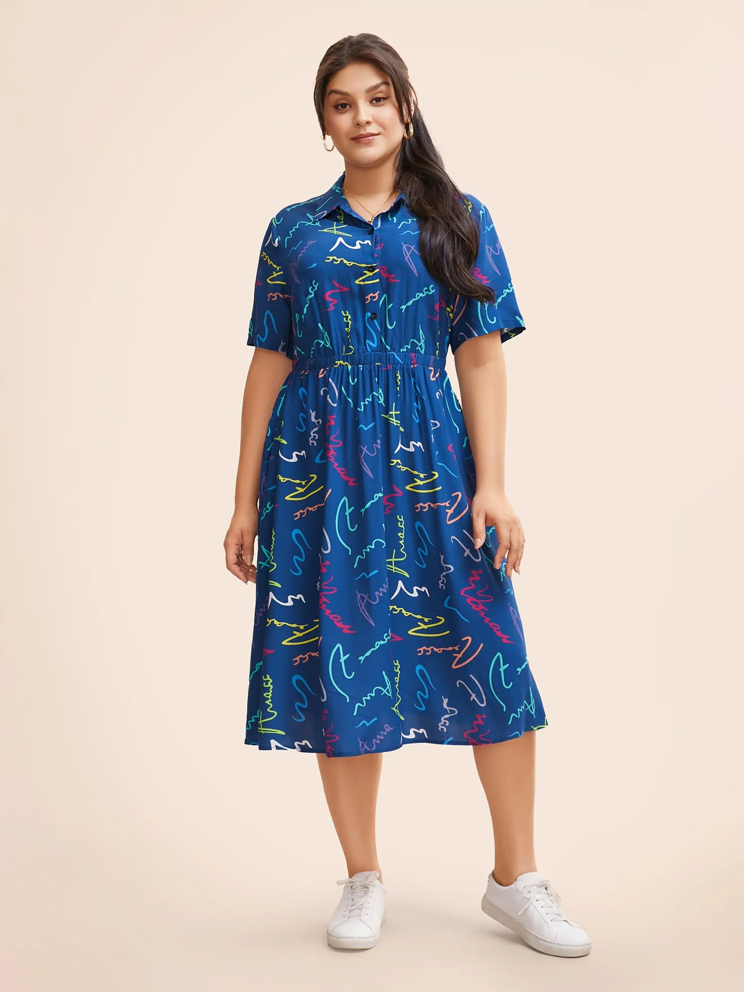 Scribble Print Elastic Waist Midi Shirt Dress sold by Bloomchic