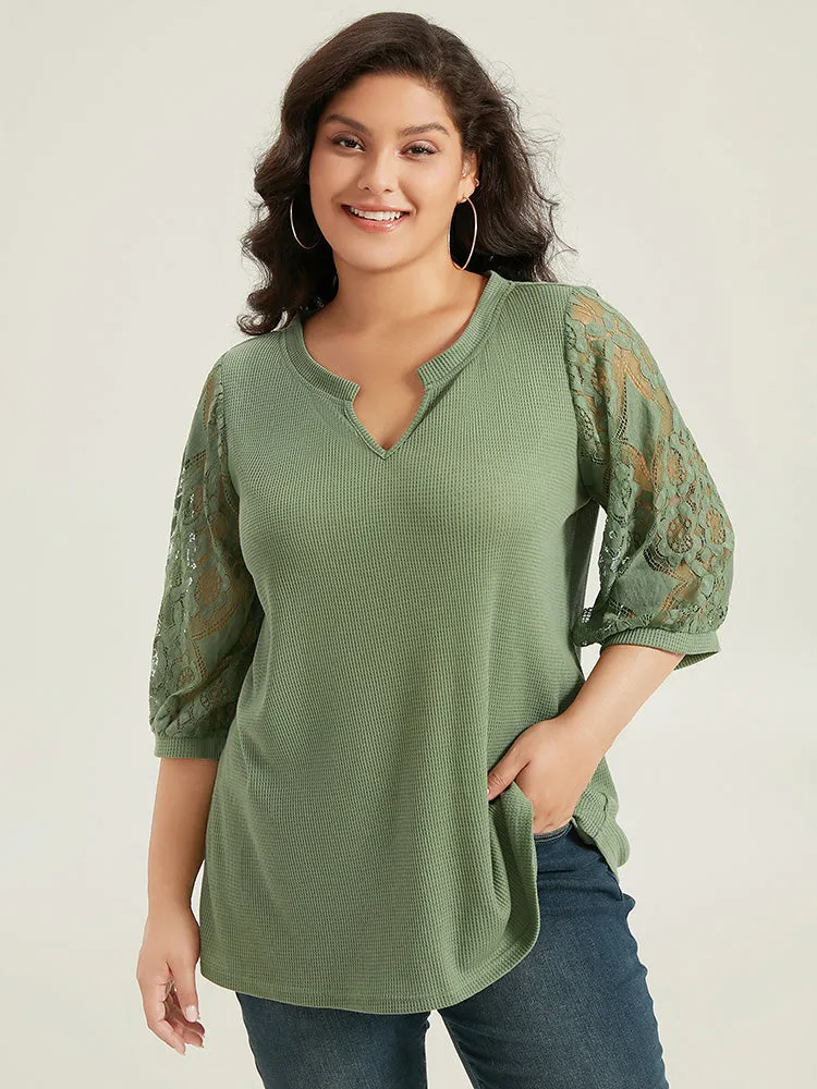 Plain Lace Patchwork Notched T-shirt sold by Bloomchic