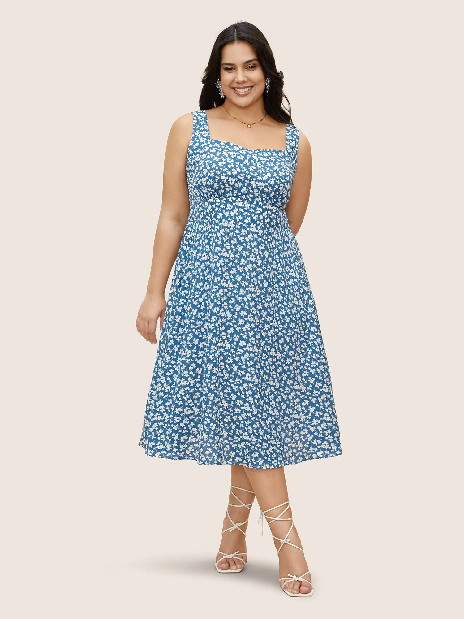 Square Neck Ditsy Floral Shirred Dress sold by Bloomchic