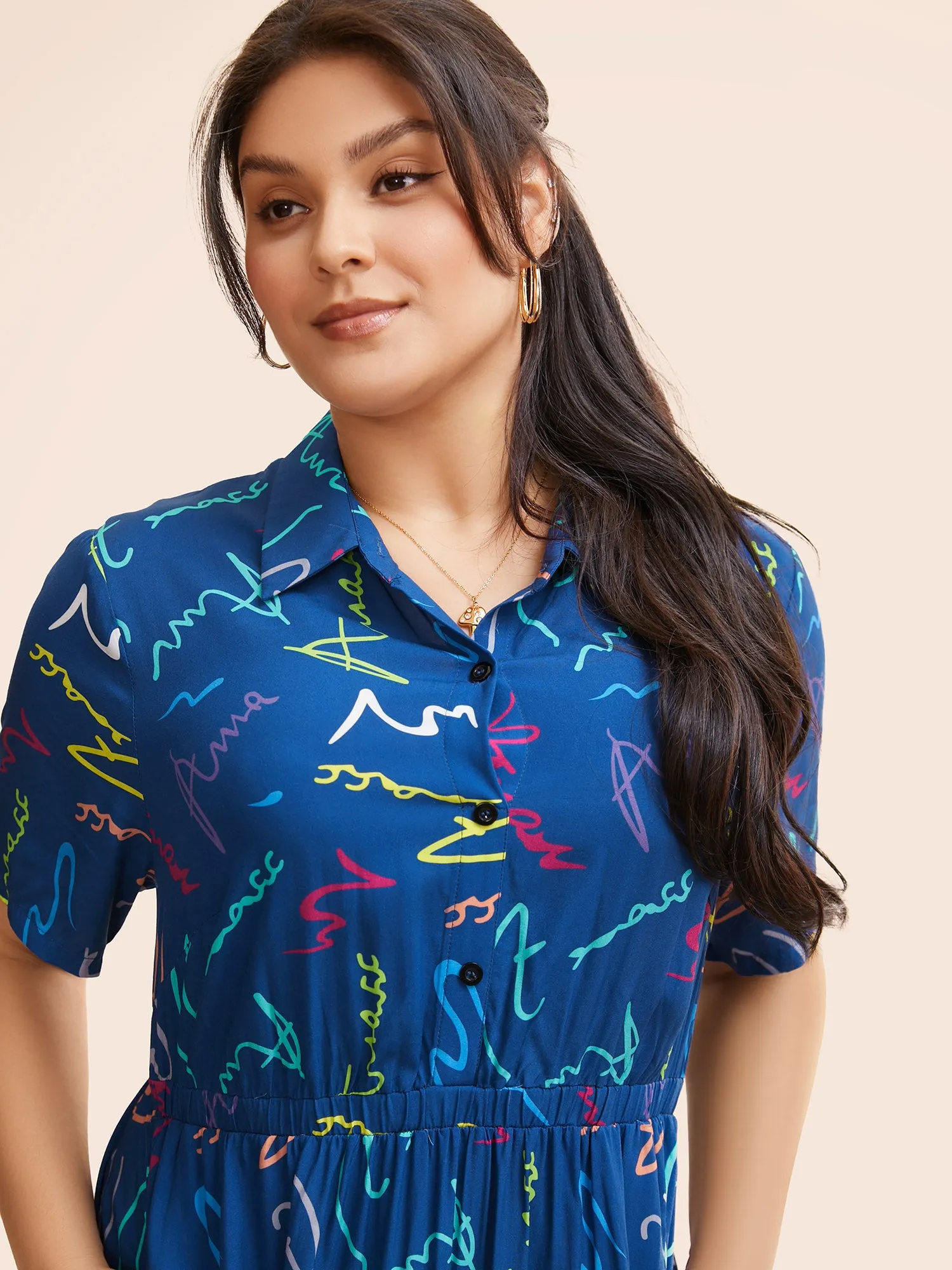 Scribble Print Elastic Waist Midi Shirt Dress sold by Bloomchic product image thumbnail 4