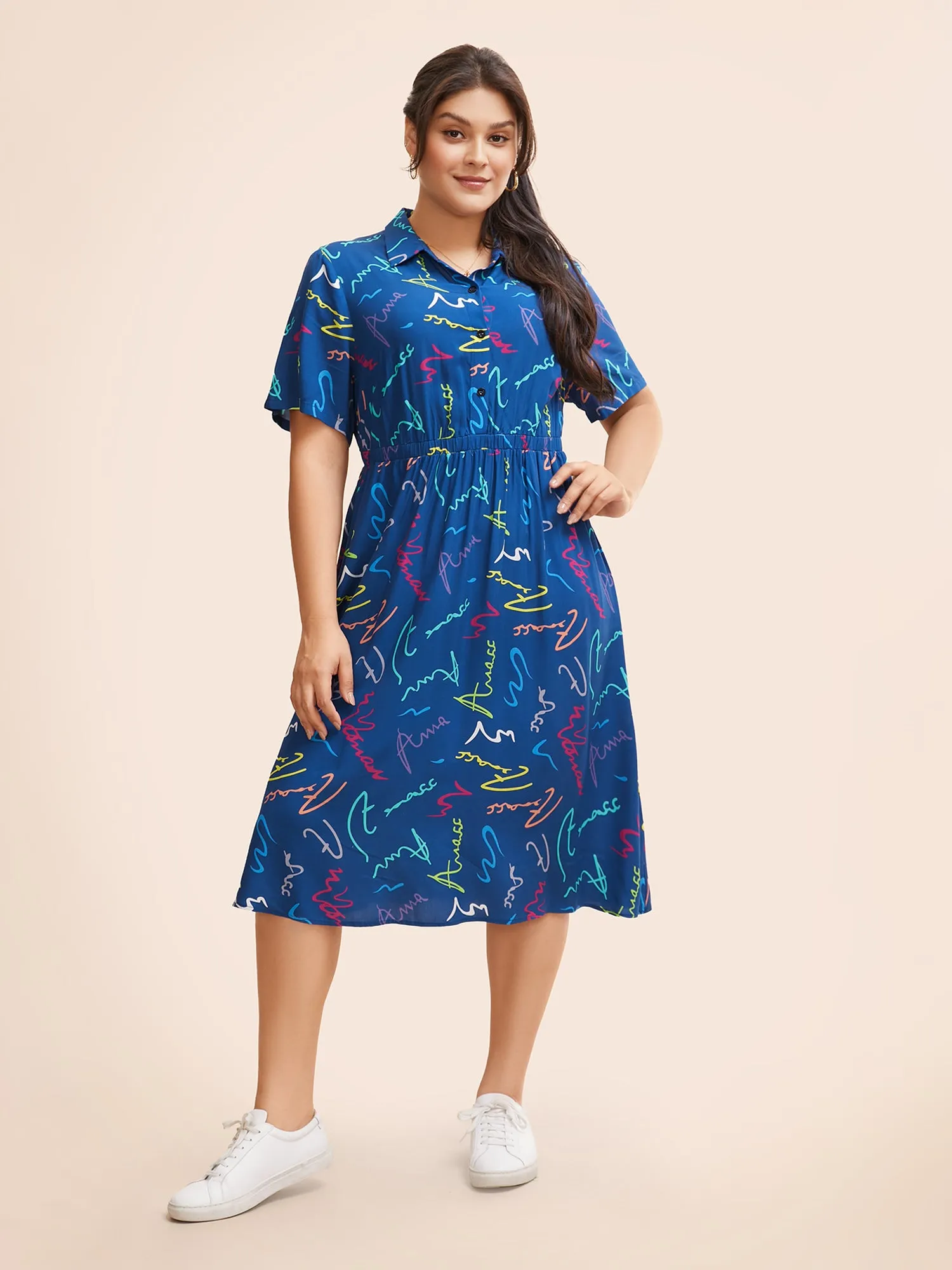 Scribble Print Elastic Waist Midi Shirt Dress sold by Bloomchic product image thumbnail 2