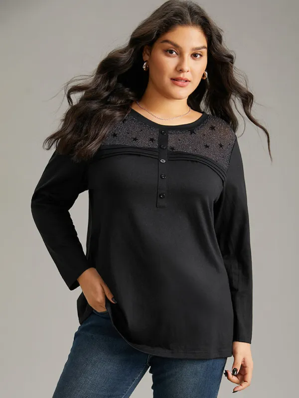 Star Mesh Patchwork Button Detail T-shirt sold by Bloomchic