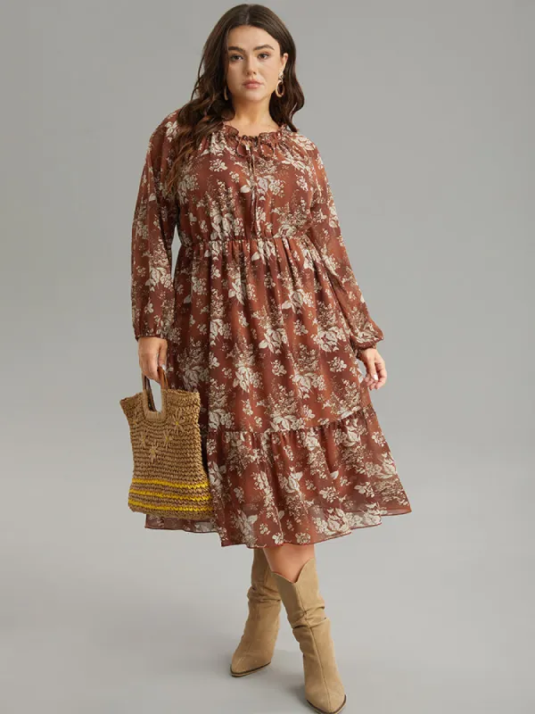 Chiffon Floral Print Gathered Tie Neck Dress sold by Bloomchic