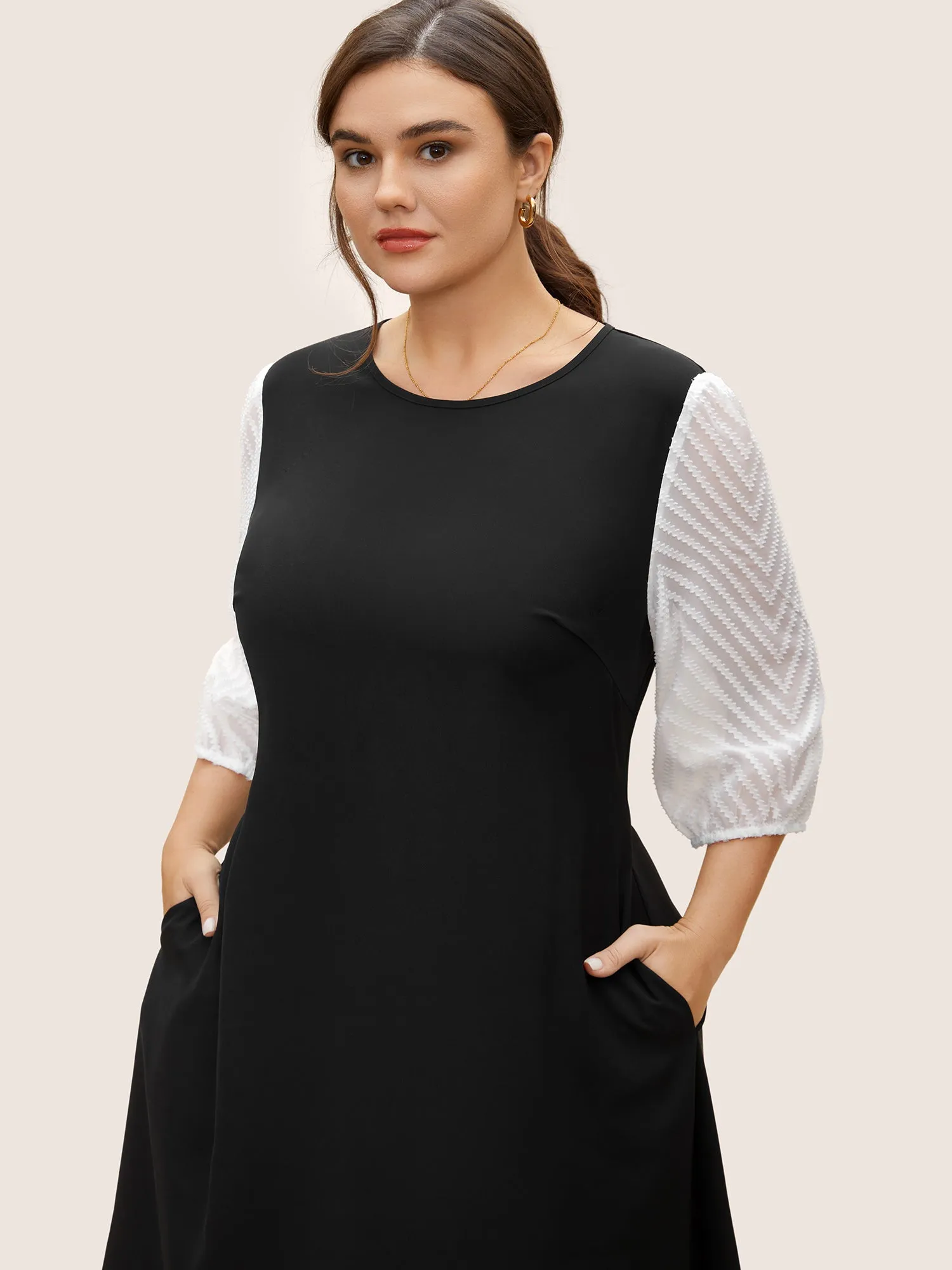 Crew Neck Patchwork Lantern Sleeve Dress sold by Bloomchic product image thumbnail 2