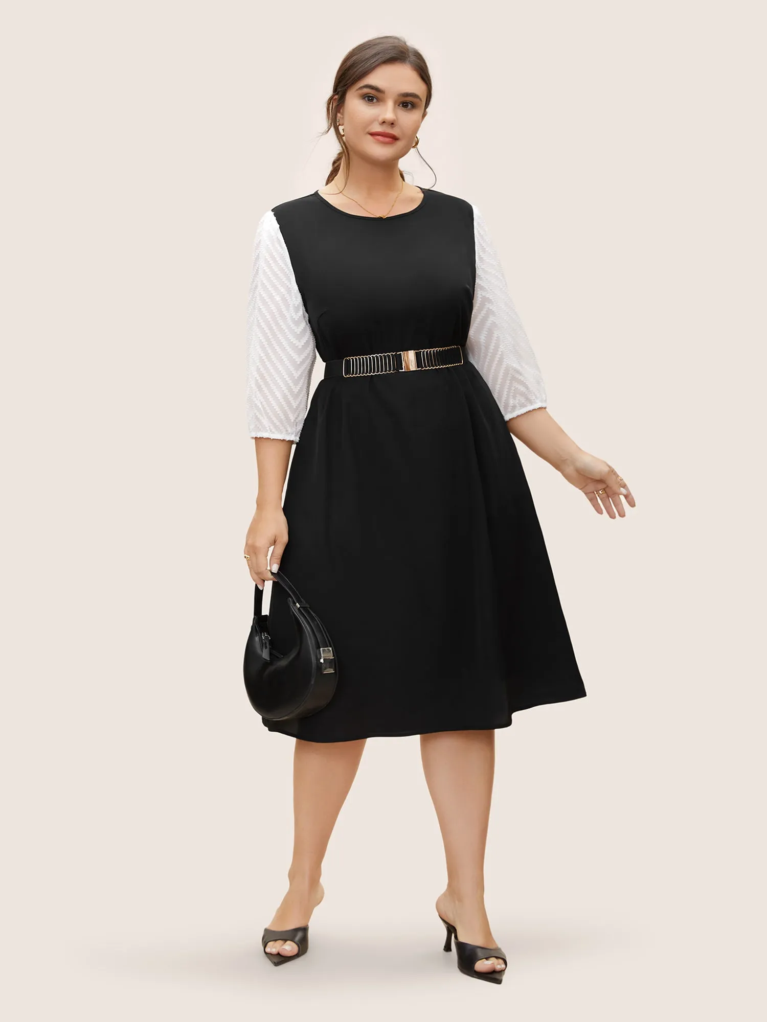Crew Neck Patchwork Lantern Sleeve Dress sold by Bloomchic