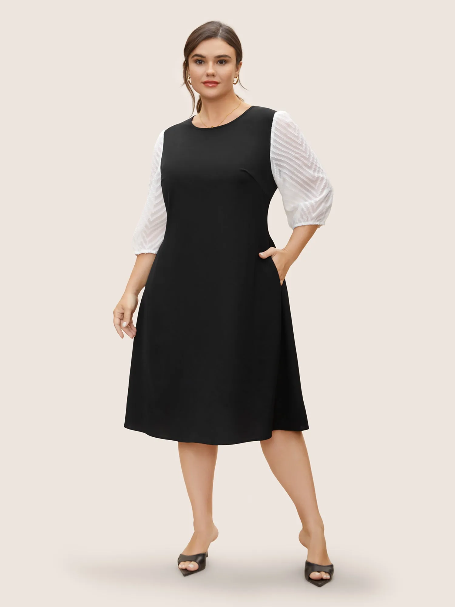 Crew Neck Patchwork Lantern Sleeve Dress sold by Bloomchic product image thumbnail 3
