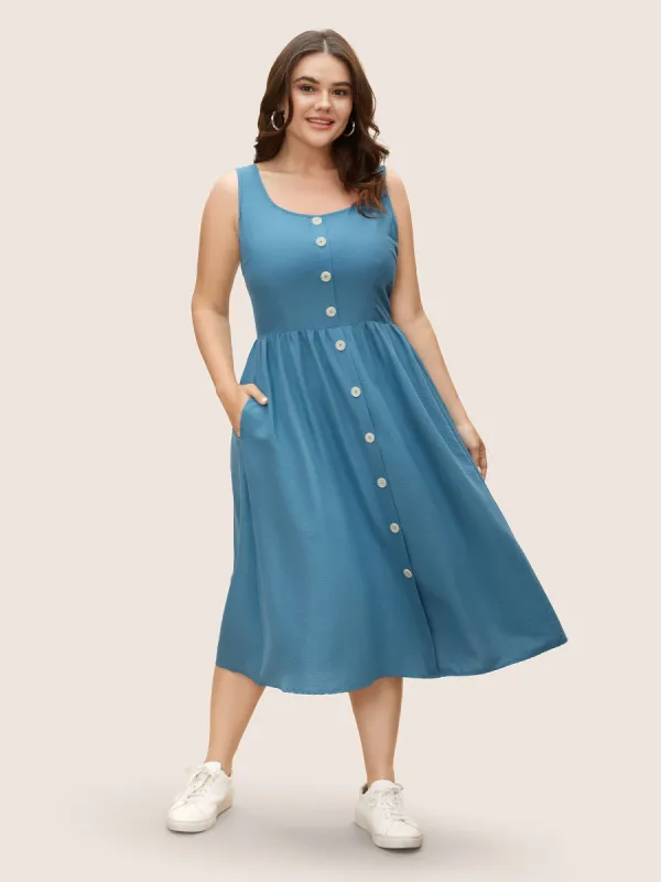 U Neck Solid Button Detail Dress sold by Bloomchic