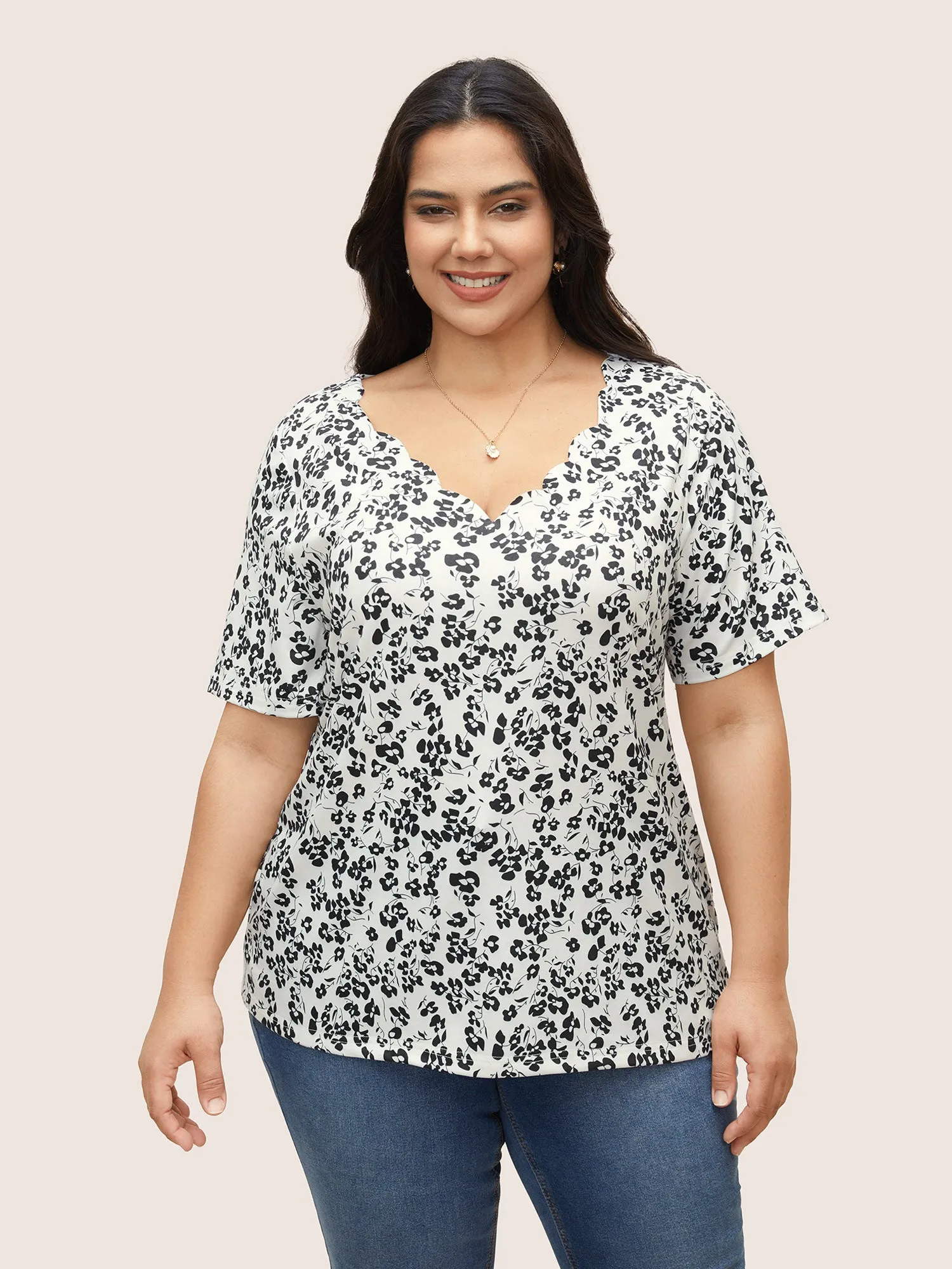 Floral Print V Neck Scalloped Trim T-shirt sold by Bloomchic
