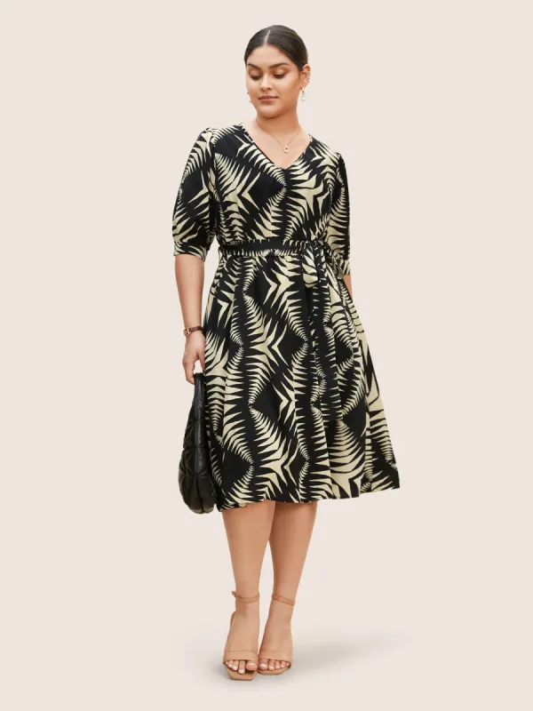 V Neck Geometric Belted Lantern Sleeve Dress sold by Bloomchic