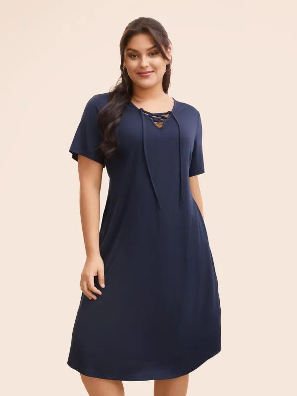 Solid Lace Up Pocket Midi Dress sold by Bloomchic