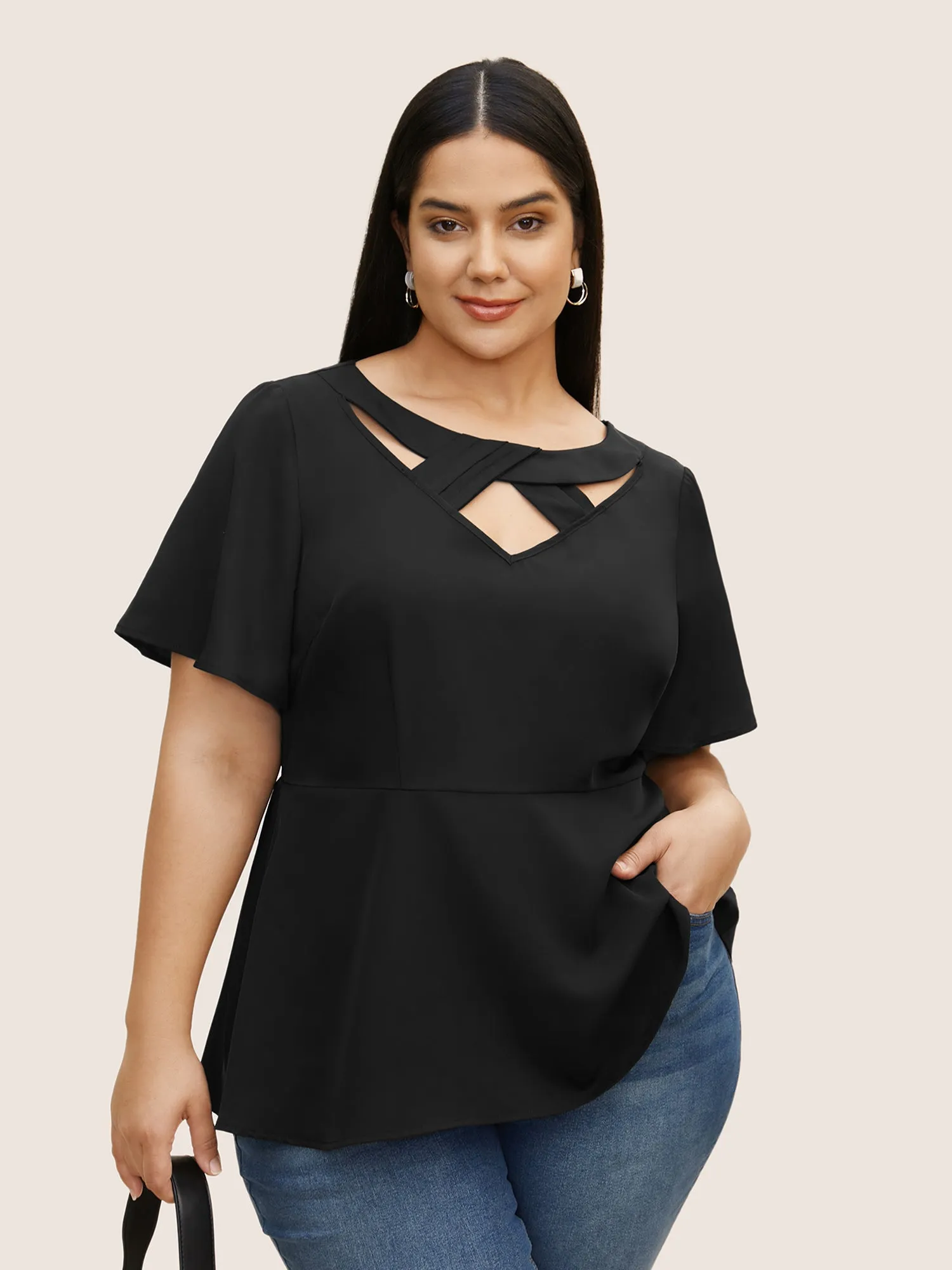 Plain Cut Out Gathered Flutter Sleeve Blouse sold by Bloomchic product image thumbnail 2